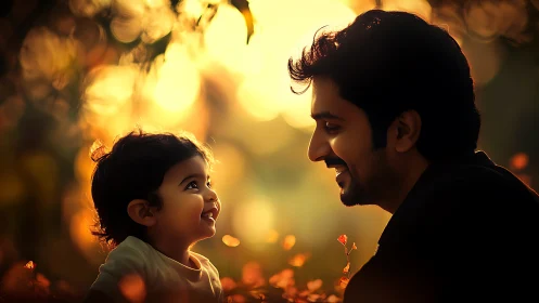 Father and child portrait in golden hour backlight glow.