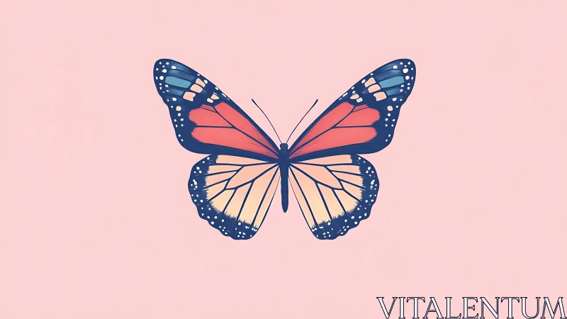 Gentle butterfly with soft pastel wings against pink sky.