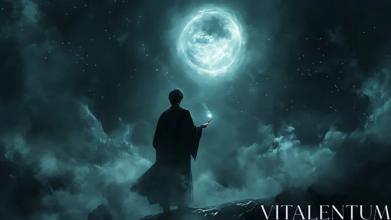 Moonlit mage summons silver clouds in a spellbound sky.