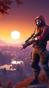 Hooded sniper overlooks glowing valley at vivid sunset.