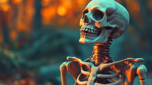 Sunlit human skeleton model in shallow depth forest bokeh