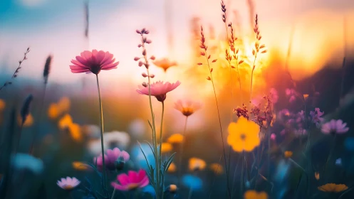 Wildflower Field at Sunset: Soft-Focus Floral Landscape with Warm Golden Light.