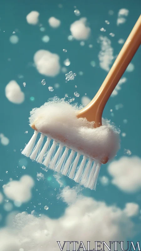 Soft bristle brush covered in foam against teal sky.