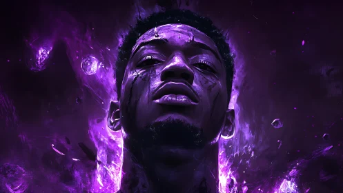 Purple energy surrounds a powerful face in glowing light