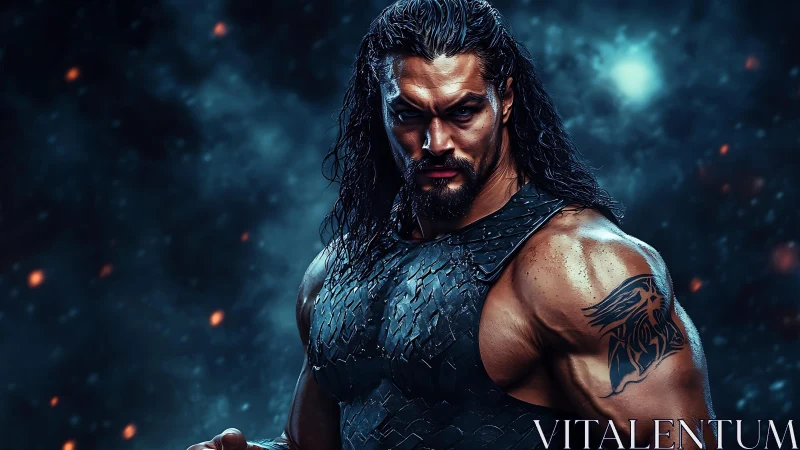 Warrior in storm-lit armor glares through swirling embers.