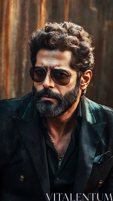 Bearded man in dark suit exudes cinematic confidence outdoors.