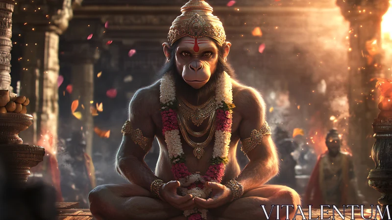 Serene monkey deity resting in golden temple glow of dusk.