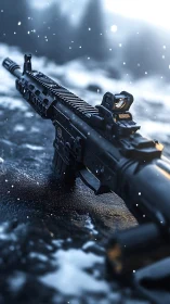 Tactical rifle positioned on snowy terrain with bokeh particles