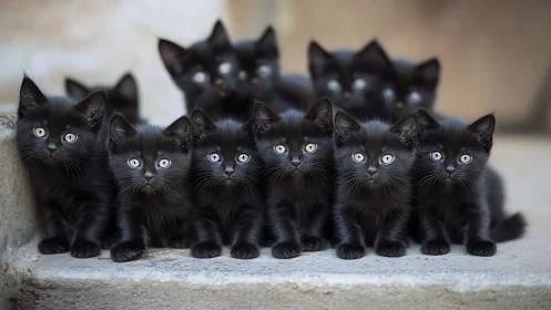 Black Kitten Group Portrait in Frontal Composition.