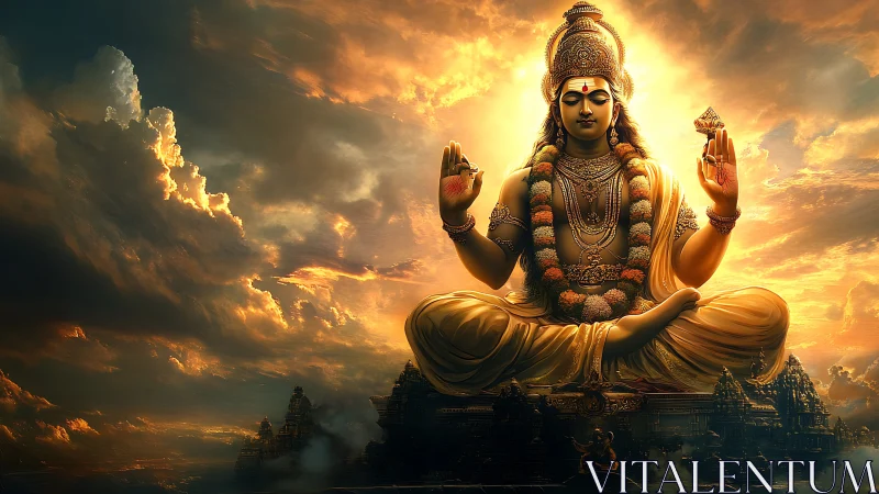 Radiant golden deity in levitating lotus pose over vast temples.