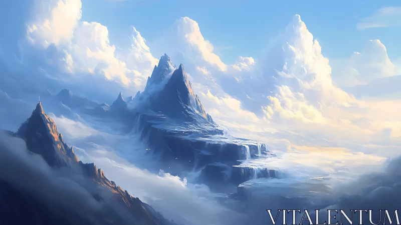 Snow covered fantasy peaks rising through bright clouds.