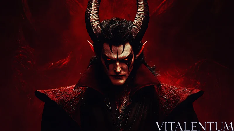 Horned demonic humanoid portrait is rendered against red field