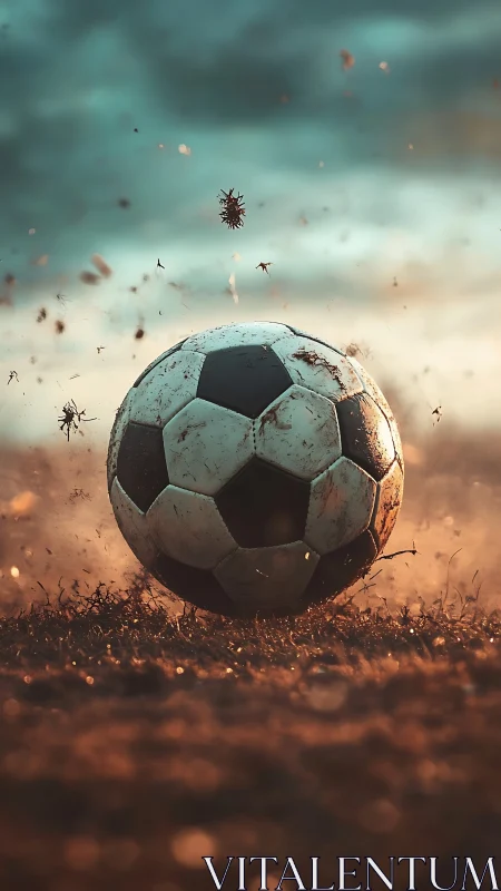 Weathered soccer ball on dusty field under clouded sky.
