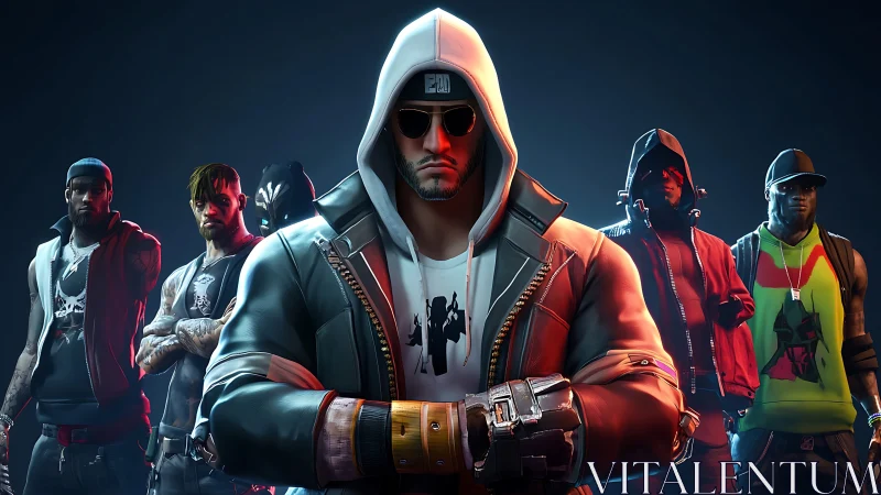 Urban gaming squad assembles under dramatic neon light