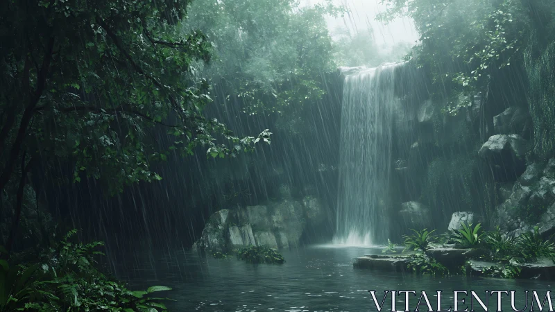 Rain-soaked jungle waterfall descends into misty forest pool