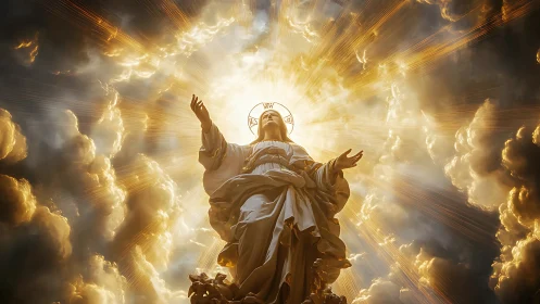 Radiant statue of holy figure ascending amid golden clouds.