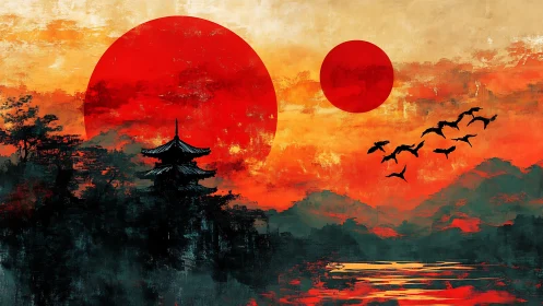Twin crimson suns crown a tranquil Japanese pagoda dusk.