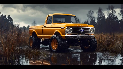 Golden off road classic truck prowls through stormy marshlands.