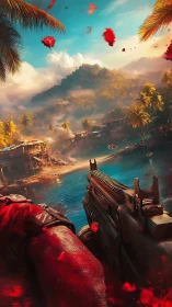 First-person shooter perspective overlooking tropical island combat zone