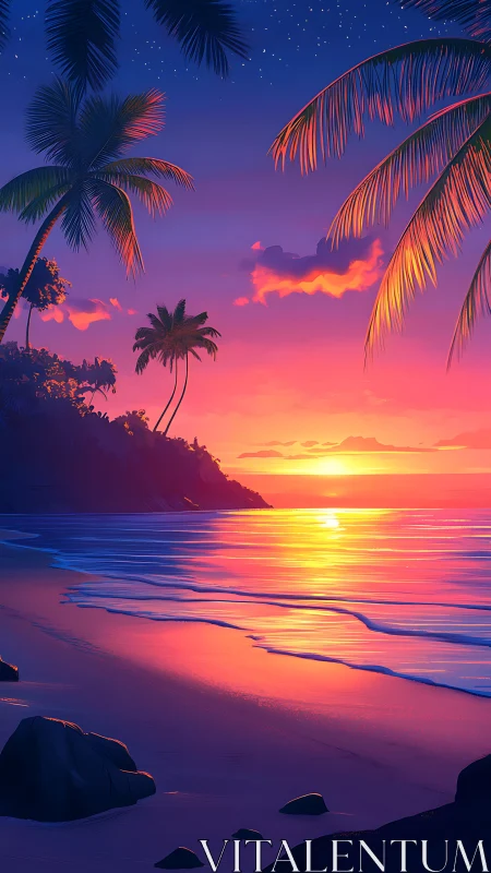 Tropical shoreline glows under vivid neon sunset sky.