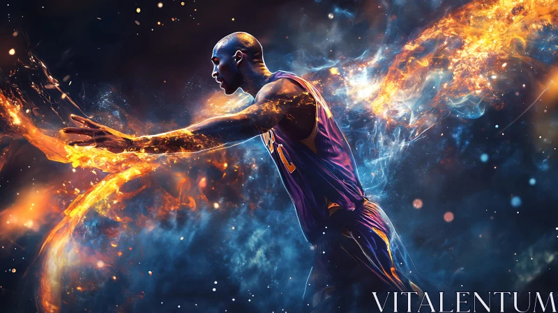 Basketball player rendered with trailing fire and nebula effects