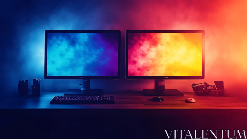 Dual-monitor workstation in chromatic thermal gradient lighting.