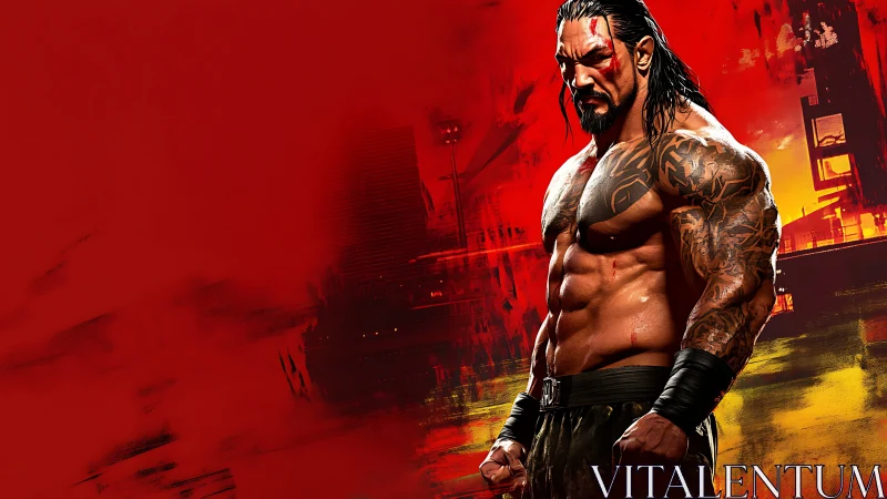 Muscular tattooed fighter rendered against abstract red arena