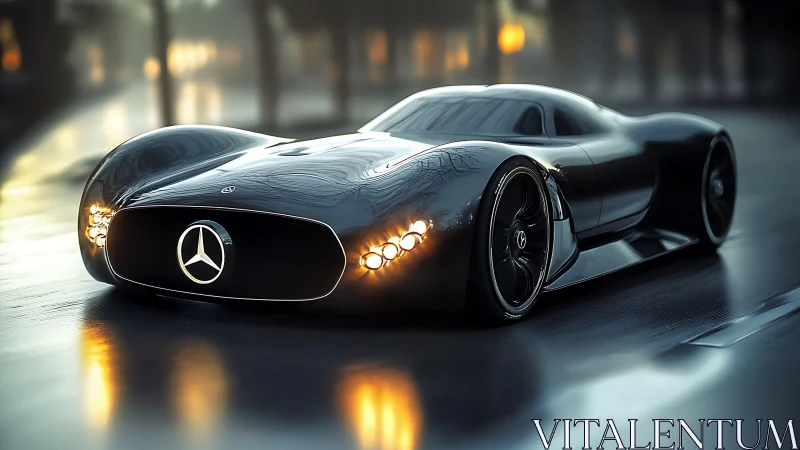 Futuristic Mercedes concept car rendered on wet city street