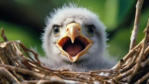Fluffy baby bird with open beak in nest, vibrant nature photo.