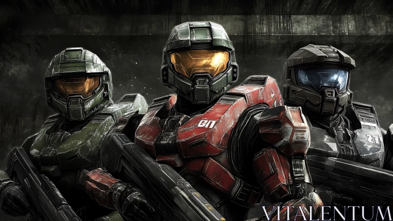 Armored trio ready for battle in a gritty sci fi corridor.