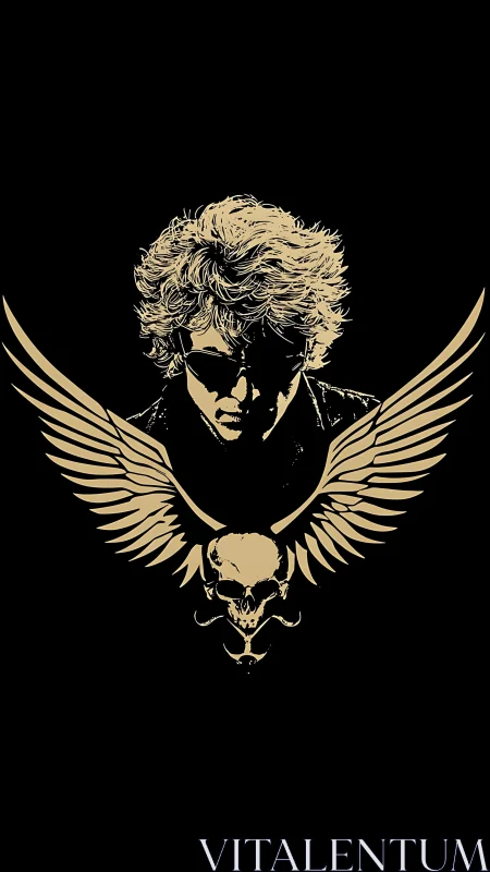 Winged skull emblem frames moody portrait with shadows