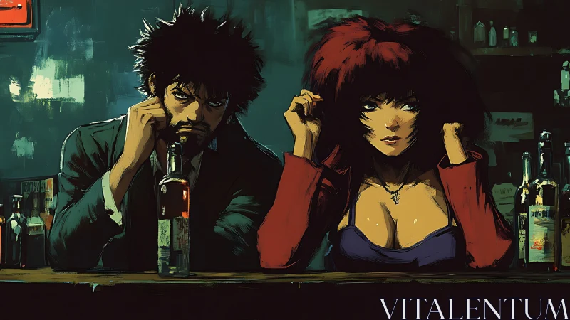 Midnight bar confidants trading glances over empty bottles.