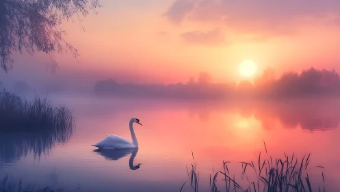 Swan drifts through misty sunrise on a pastel dreamlake.