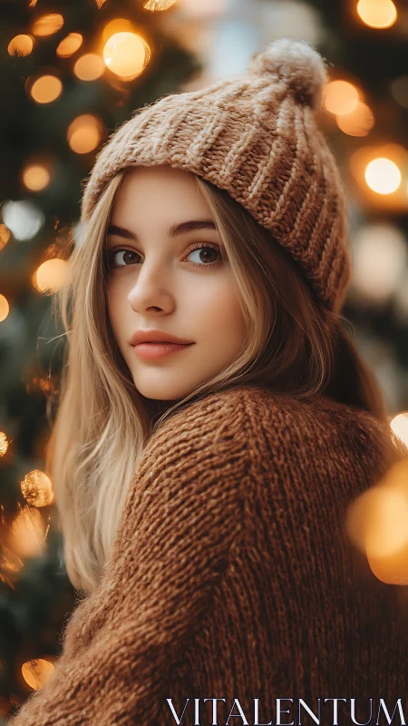Soft winter portrait glows amid golden festive lights