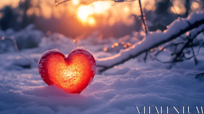 Glowing Heart in Winter Snow at Sunrise.