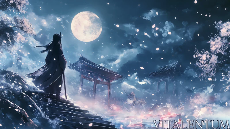 Lone warrior watches moonlit shrine beneath drifting petals.