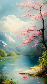 Cherry blossom tree beside mountain lake under clear sky.