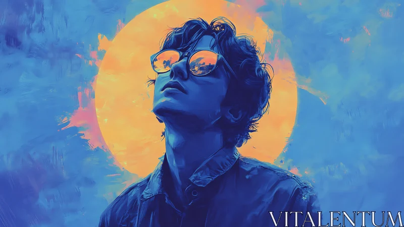 Sunlit daydreamer in glowing neon blues and golds.