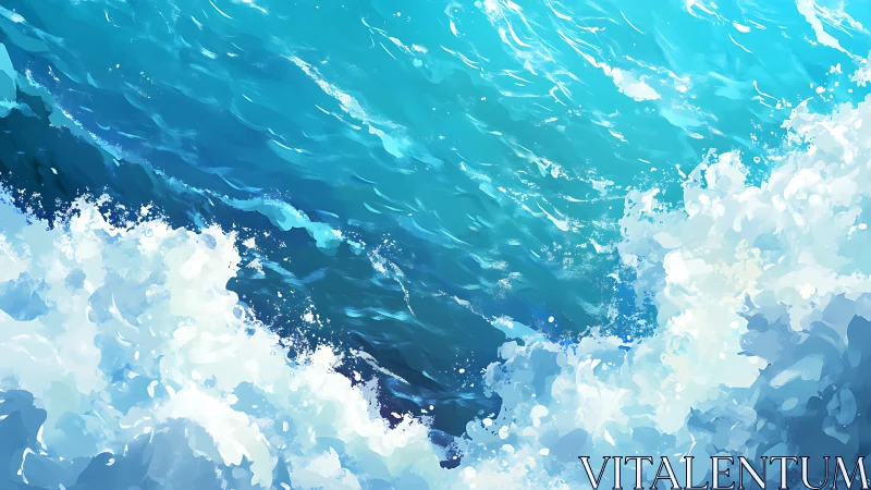Dynamic digital painting of crashing turquoise ocean waves.