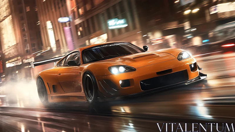 Orange tuned sports car on wet city street at night.