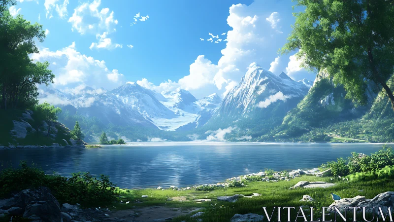 Sunlit mountain lake where calm water meets bright sky.