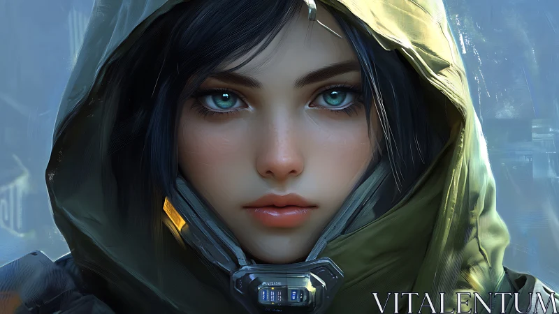 Hooded cybernetic scout portrait with luminescent teal optics.