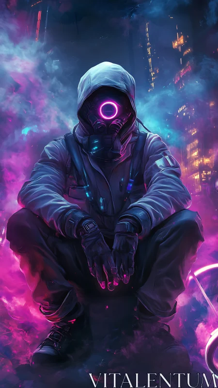 Hooded neon sentinel in cyberpunk smog-lit streetscape.