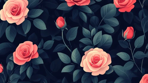Coral and Peach Roses on Dark Navy Background.
