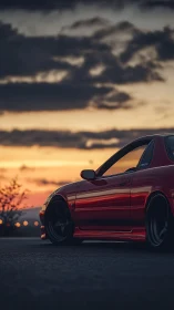 Red coupe parked on roadside at dusk under layered clouds.