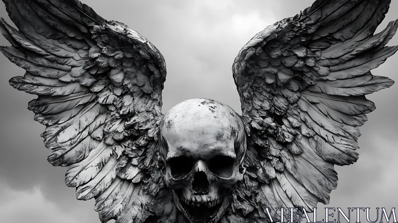 Winged skull sentinel broods beneath storm-torn heavens.