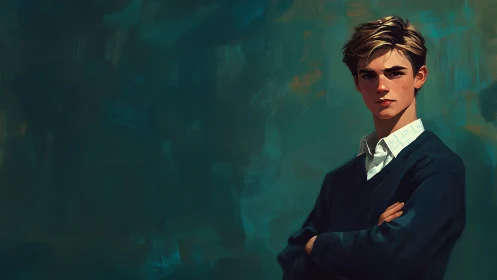 Digital portrait of confident young man on teal abstract ground.