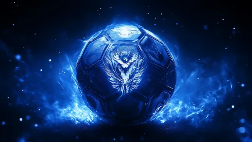 Glowing blue soccer ball radiates flaming energy in darkness
