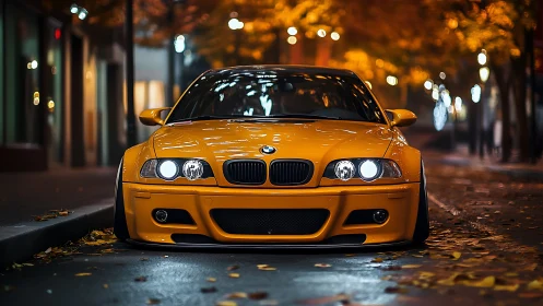 Urban night portrait of lowered yellow BMW on wet street.
