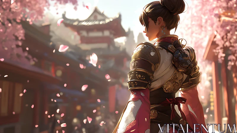 Armored woman stands in cherry blossom lined traditional street